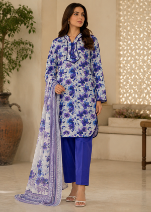 Floral Printed Lawn Kurta Set with Blue Farshi Shalwar and Dupatta