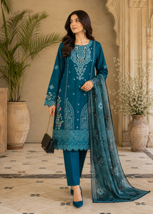 Teal Embroidered Lawn Kurta Set with Net Dupatta
