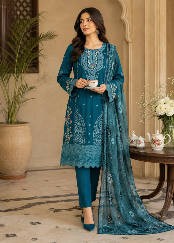 Teal Embroidered Lawn Kurta Set with Net Dupatta