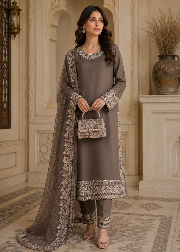 Elegant Brown Embroidered Chiffon Kurta Set with Straight Trousers