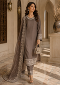 Elegant Brown Embroidered Chiffon Kurta Set with Straight Trousers