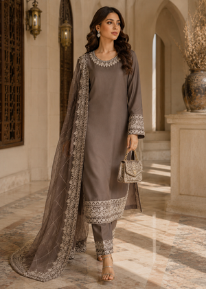 Elegant Brown Embroidered Chiffon Kurta Set with Straight Trousers