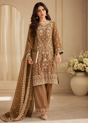 Golden Brown Embroidered Raw Silk Kurta Set with Chiffon Dupatta