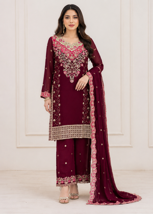 Maroon Embroidered Chiffon Kurta Set with Dupatta