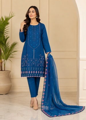 Teal Embroidered Lawn Kurta Set with Chiffon Dupatta