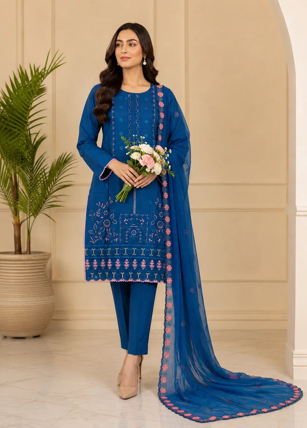 Teal Embroidered Lawn Kurta Set with Chiffon Dupatta