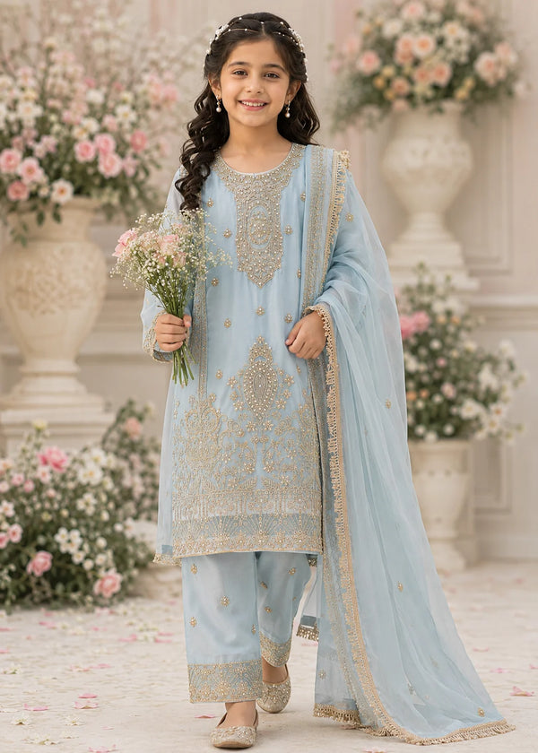 Sky Veil – Sky Blue Luxury Embroidered Chiffon Kurta Set with Embroidered Trouser