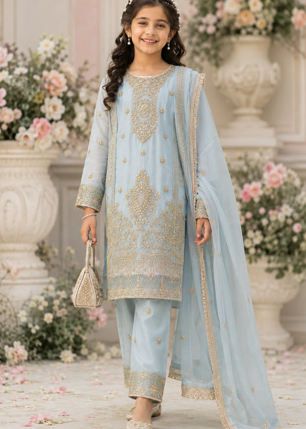 Sky Veil – Sky Blue Luxury Embroidered Chiffon Kurta Set with Embroidered Trouser
