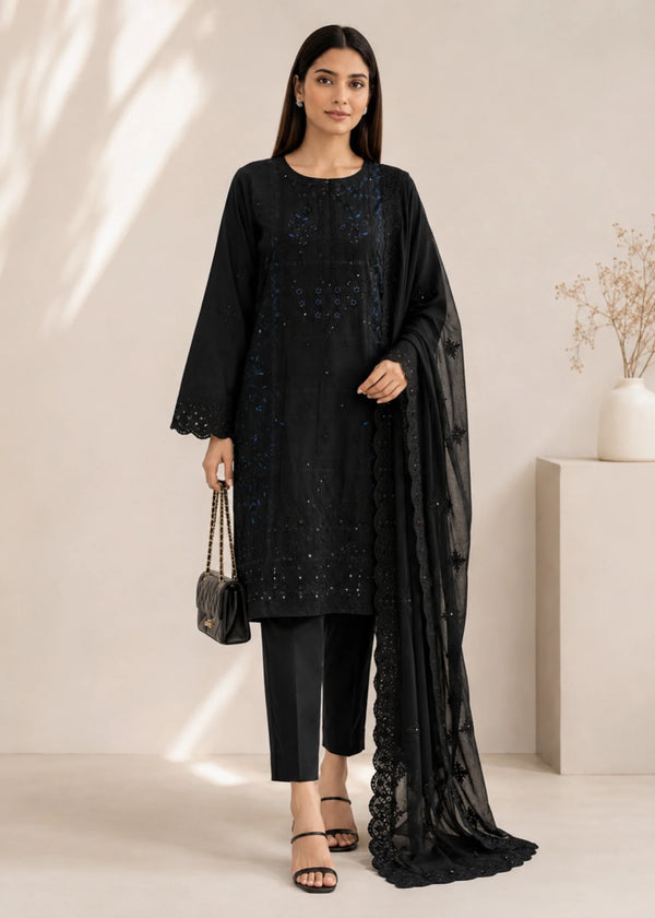 Black Embroidered Cotton Kurta Set with Organza Dupatta