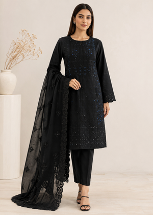 Black Embroidered Cotton Kurta Set with Organza Dupatta