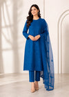 Royal Blue Embroidered Cambric Kurta Set with Organza Dupatta