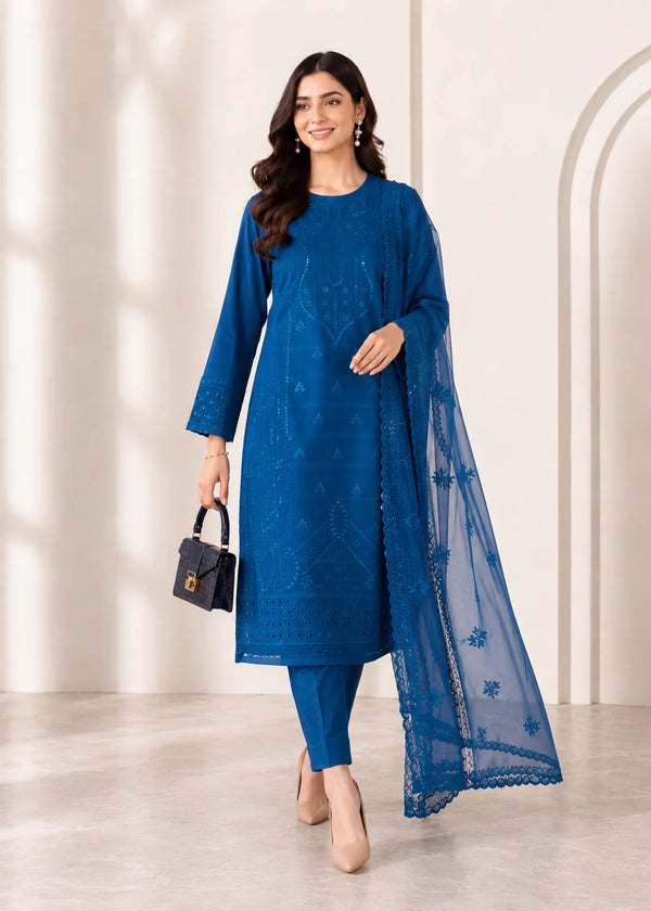Royal Blue Embroidered Cambric Kurta Set with Organza Dupatta