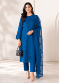 Royal Blue Embroidered Cambric Kurta Set with Organza Dupatta