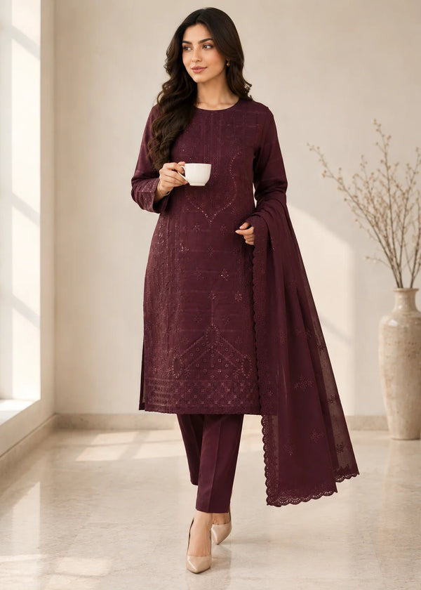 Brown Embroidered Cotton Kurta with Straight Trousers