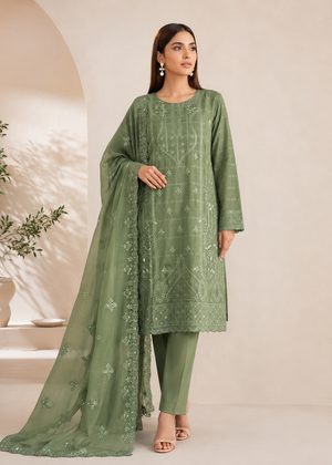 Olive Green Embroidered Cotton Kurta Set with Organza Dupatta