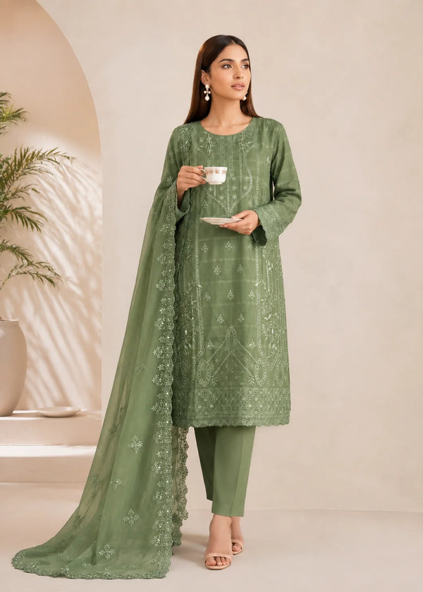 Olive Green Embroidered Cotton Kurta Set with Organza Dupatta