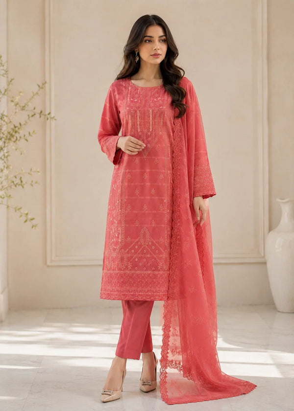 Rose Pink Embroidered Lawn Kurta Set with Organza Dupatta