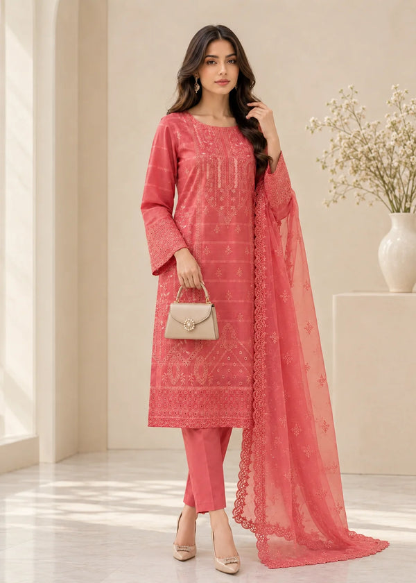 Rose Pink Embroidered Lawn Kurta Set with Organza Dupatta