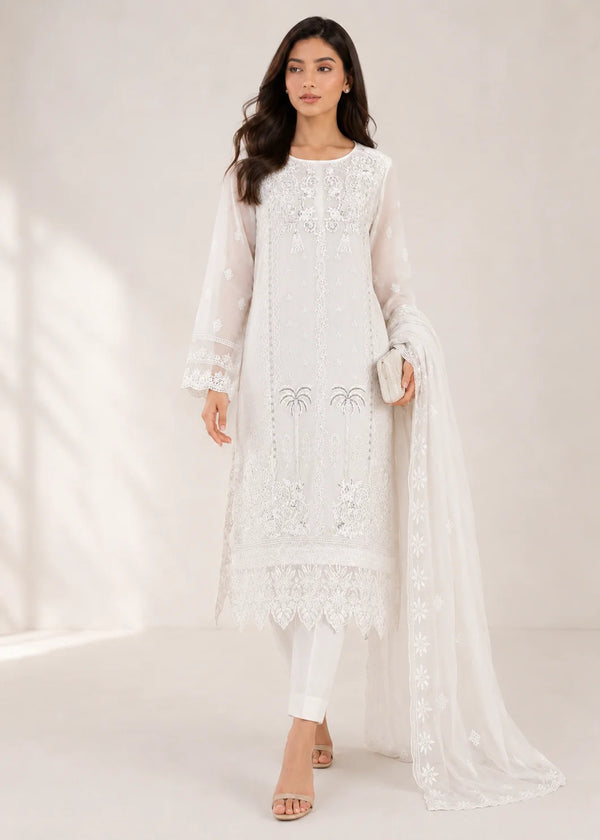 Elegant Off-White Embroidered OrganChiffon Kurta Set