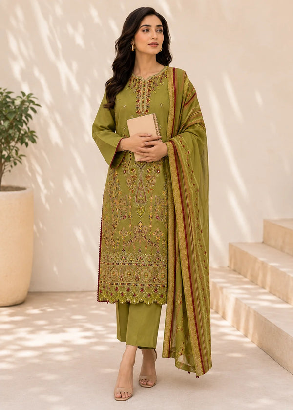 Embroidered Olive Green Lawn 3-Piece Kurta Set with Dupatta