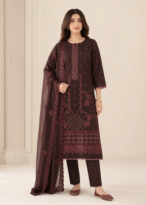 Chestnut brown Embroidered Lawn Kurta Set with Dupatta