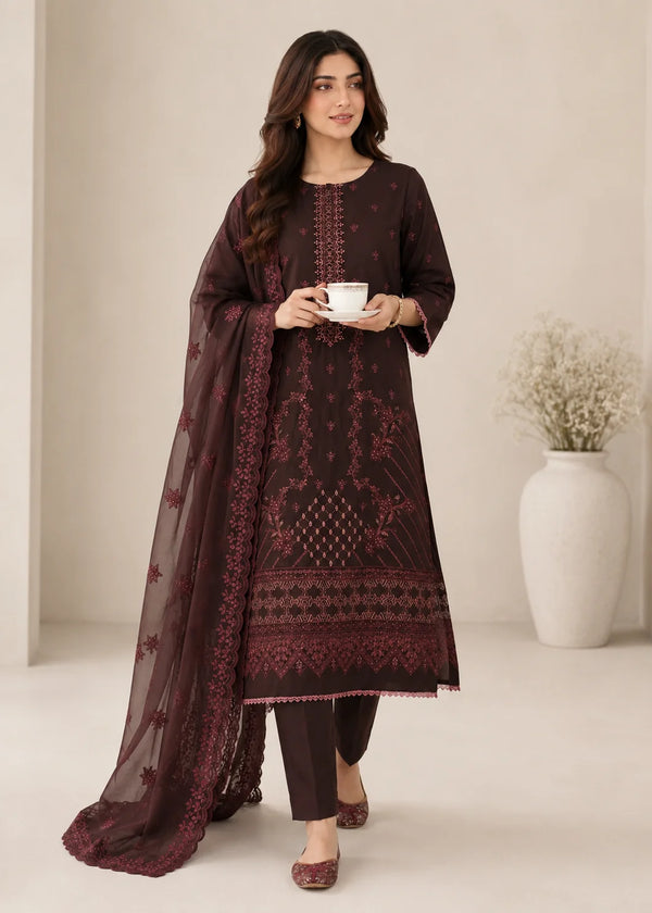 Chestnut brown Embroidered Lawn Kurta Set with Dupatta