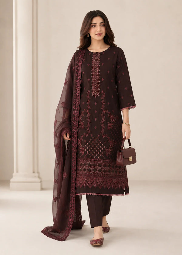 Chestnut brown Embroidered Lawn Kurta Set with Dupatta