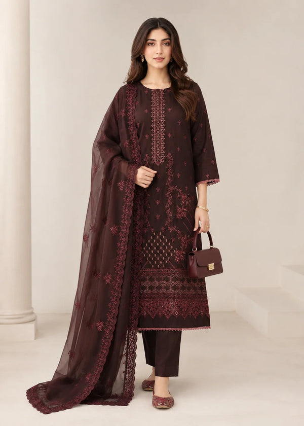 Chestnut brown Embroidered Lawn Kurta Set with Dupatta