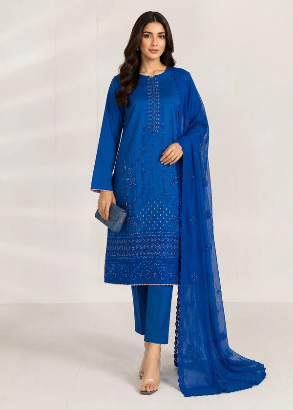 Embroidered Royal Blue Kurta Set with Chiffon Dupatta