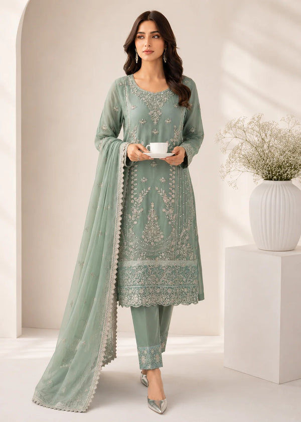 Sea Green Embroidered Chiffon Kurta Set with Straight Trousers and Dupatta