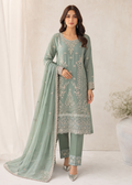 Sea Green Embroidered Chiffon Kurta Set with Straight Trousers and Dupatta