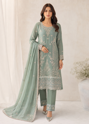 Sea Green Embroidered Chiffon Kurta Set with Straight Trousers and Dupatta