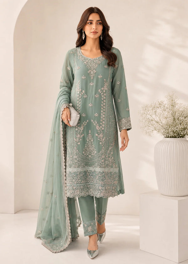 Sea Green Embroidered Chiffon Kurta Set with Straight Trousers and Dupatta