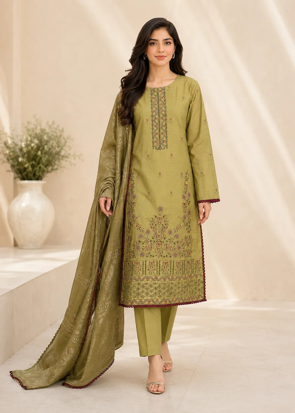 Olive Green Embroidered Lawn Kurta Set with Jacquard Dupatta