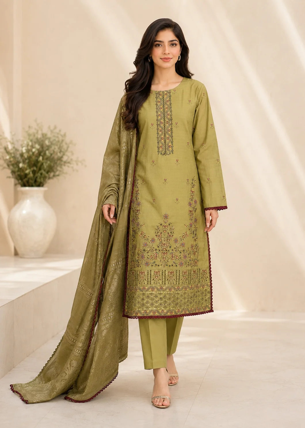 Olive Green Embroidered Lawn Kurta Set with Jacquard Dupatta