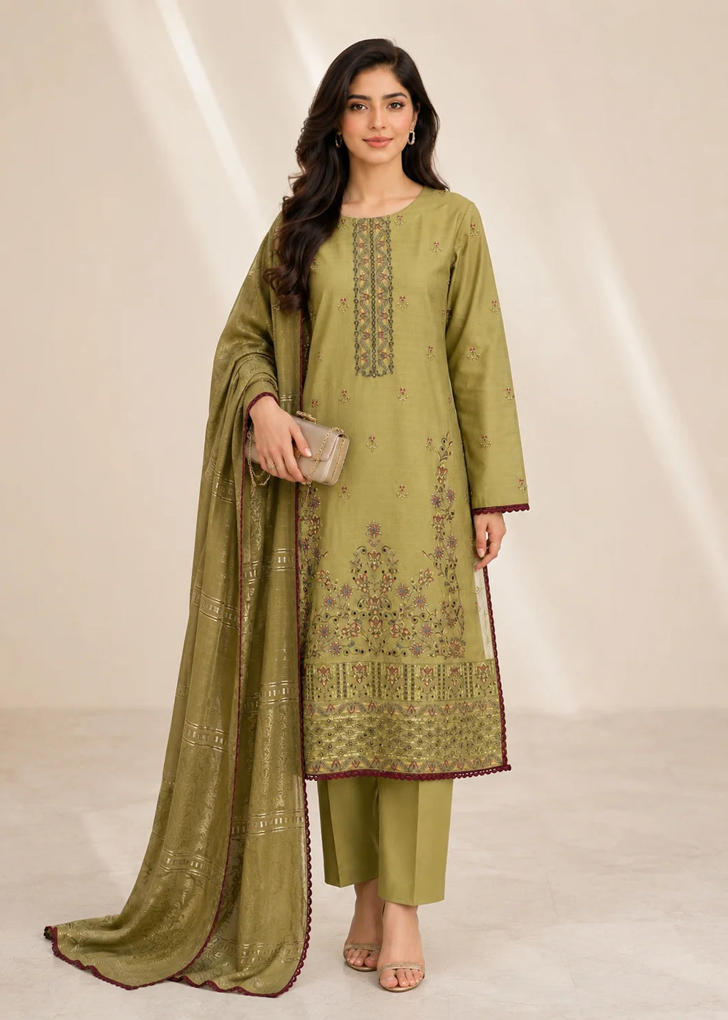 Olive Green Embroidered Lawn Kurta Set with Jacquard Dupatta