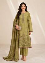 Olive Green Embroidered Lawn Kurta Set with Jacquard Dupatta