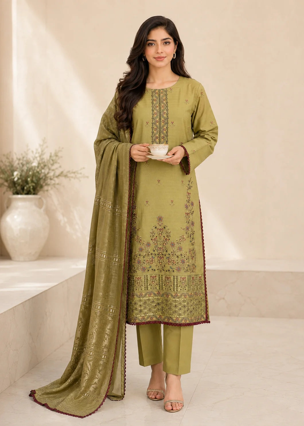 Olive Green Embroidered Lawn Kurta Set with Jacquard Dupatta