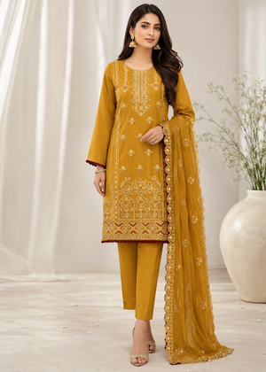 Embroidered Mustard Cotton Kurta Set with Chiffon Dupatta