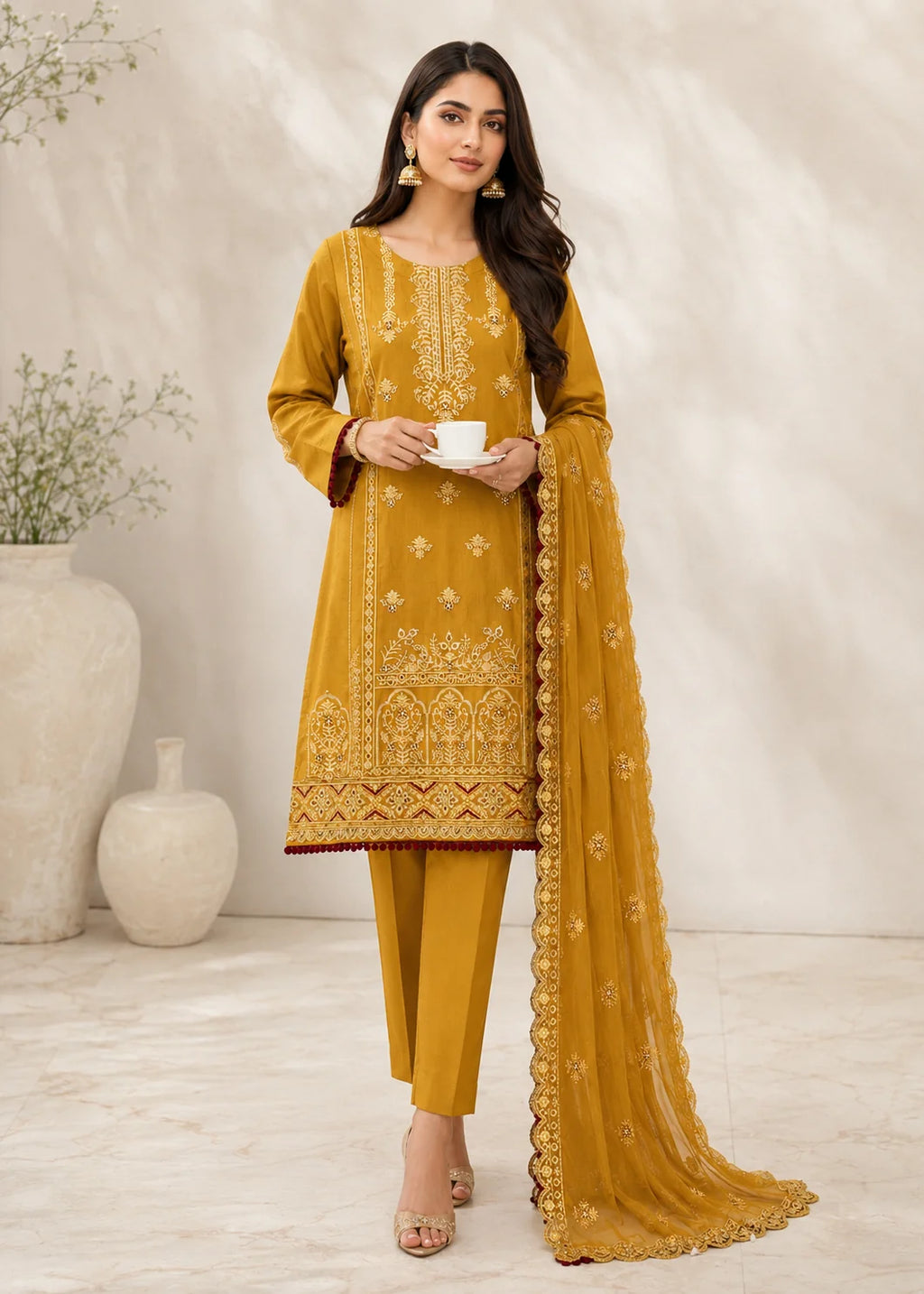 Embroidered Mustard Cotton Kurta Set with Chiffon Dupatta