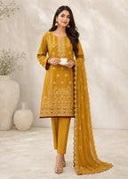 Embroidered Mustard Cotton Kurta Set with Chiffon Dupatta