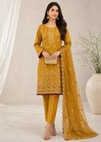 Embroidered Mustard Cotton Kurta Set with Chiffon Dupatta
