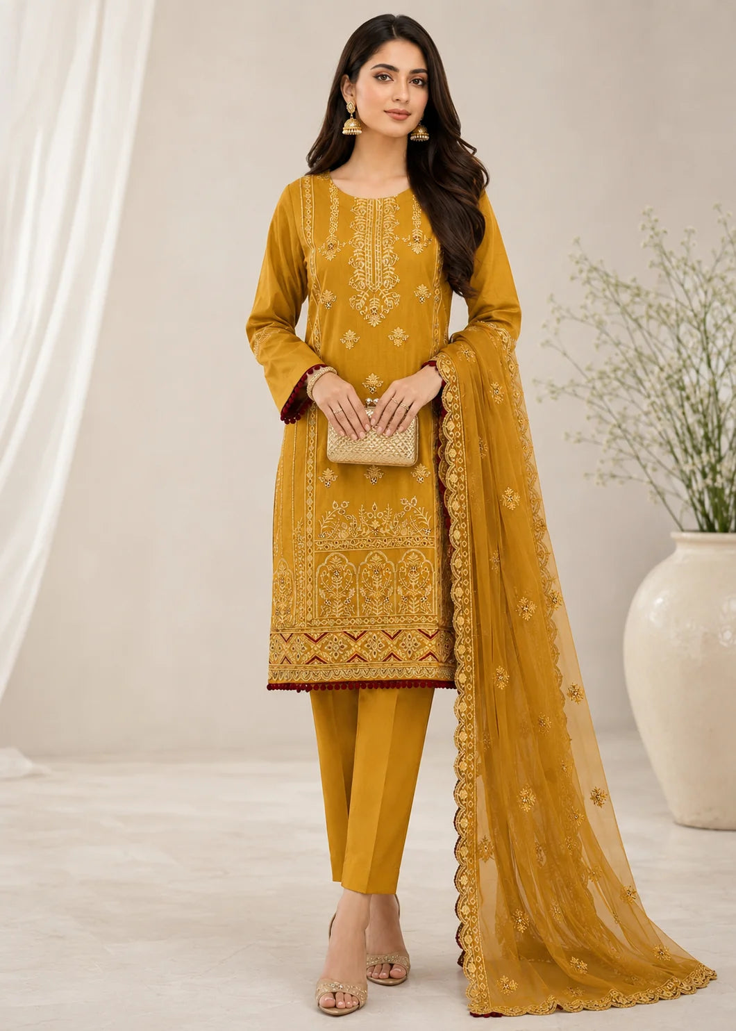 Embroidered Mustard Cotton Kurta Set with Chiffon Dupatta