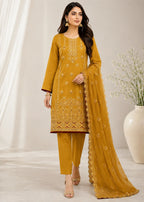 Embroidered Mustard Cotton Kurta Set with Chiffon Dupatta