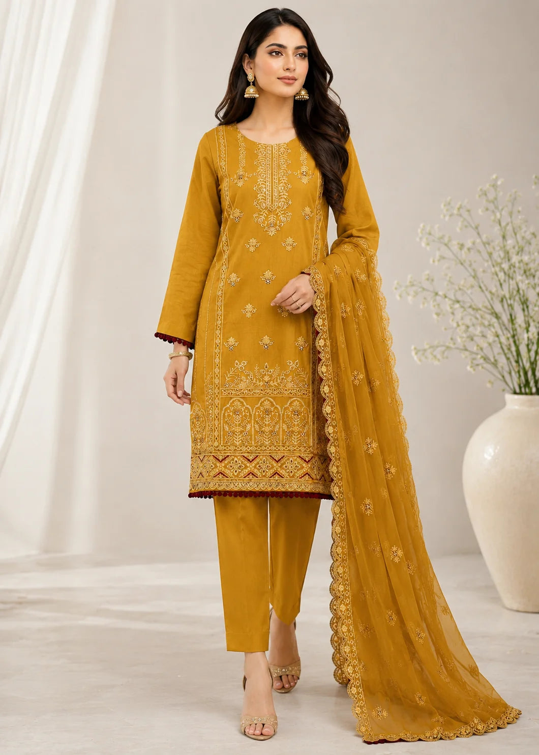 Embroidered Mustard Cotton Kurta Set with Chiffon Dupatta