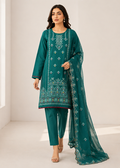 Teal Embroidered Cotton Kurta Set with Chiffon Dupatta