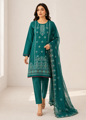 Teal Embroidered Cotton Kurta Set with Chiffon Dupatta