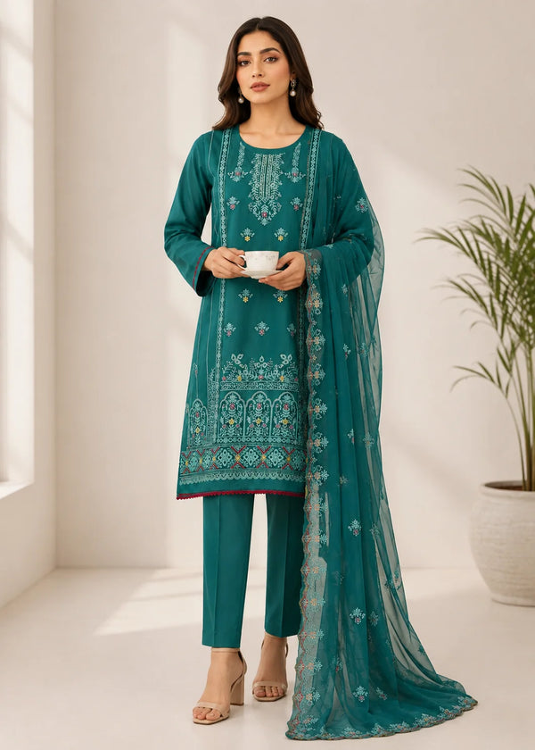 Teal Embroidered Cotton Kurta Set with Chiffon Dupatta