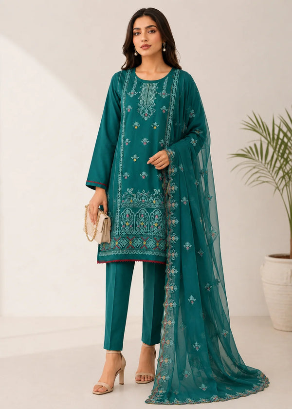 Teal Embroidered Cotton Kurta Set with Chiffon Dupatta