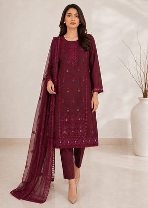 Elegant Maroon Embroidered Kurta Set with Chiffon Dupatta